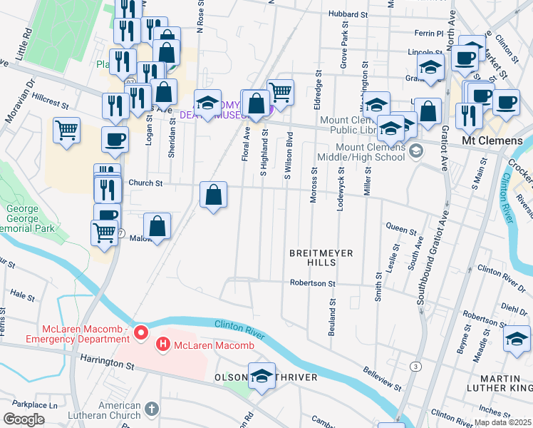 map of restaurants, bars, coffee shops, grocery stores, and more near 95 South Highland Street in Mount Clemens