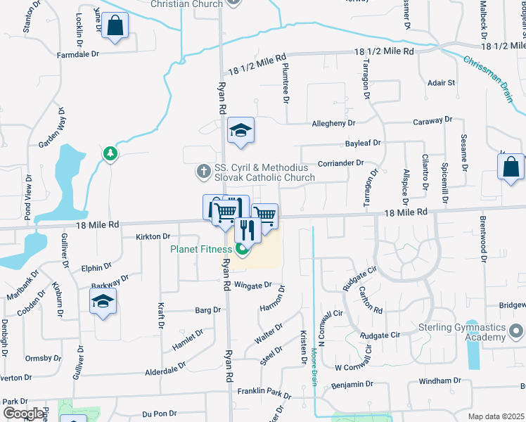 map of restaurants, bars, coffee shops, grocery stores, and more near 41024 Bermuda Drive in Sterling Heights