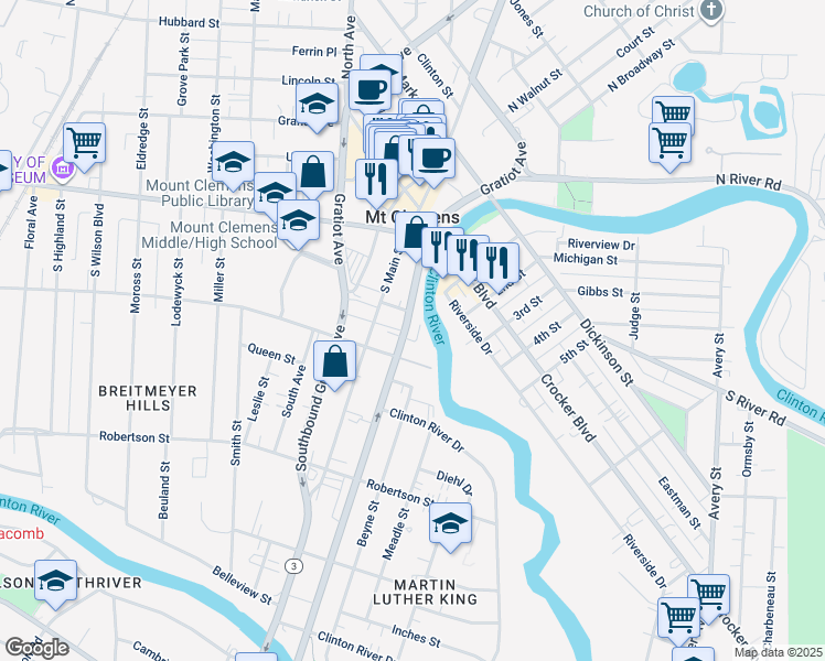 map of restaurants, bars, coffee shops, grocery stores, and more near 106 Northbound Gratiot Avenue in Mount Clemens