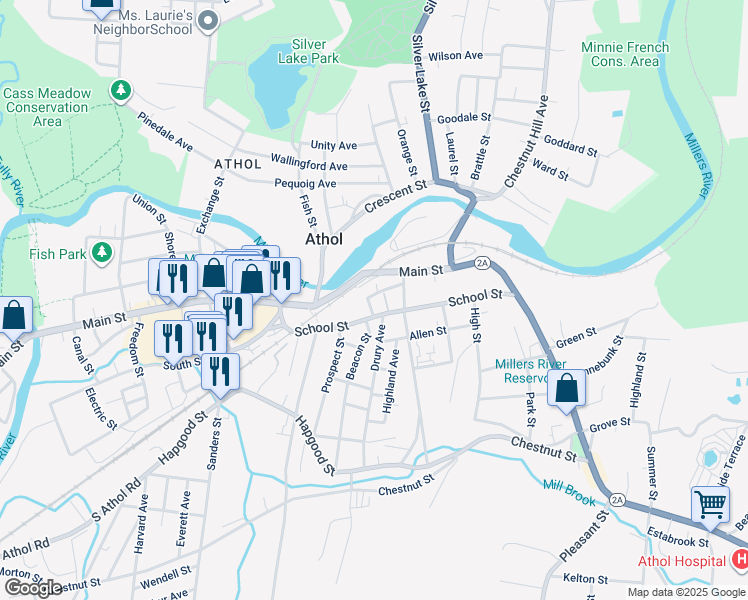map of restaurants, bars, coffee shops, grocery stores, and more near 35 Concord Street in Athol