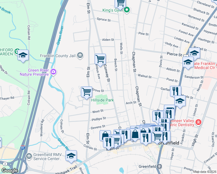 map of restaurants, bars, coffee shops, grocery stores, and more near 57 Columbus Avenue in Greenfield