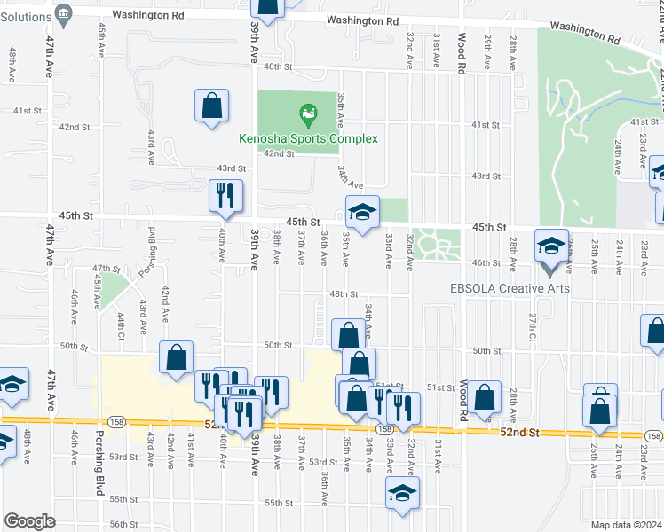 map of restaurants, bars, coffee shops, grocery stores, and more near 4621 36th Avenue in Kenosha