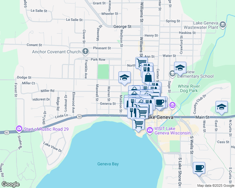 map of restaurants, bars, coffee shops, grocery stores, and more near 334 Madison Street in Lake Geneva