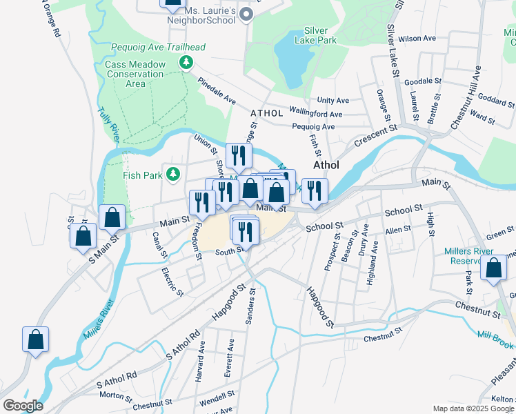 map of restaurants, bars, coffee shops, grocery stores, and more near 435 Main Street in Athol