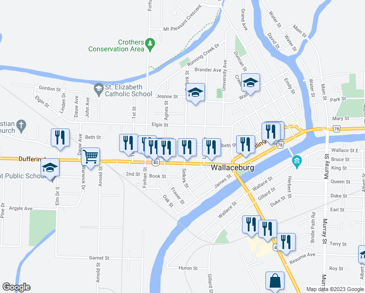 map of restaurants, bars, coffee shops, grocery stores, and more near 1005 Elizabeth Street in Chatham-Kent