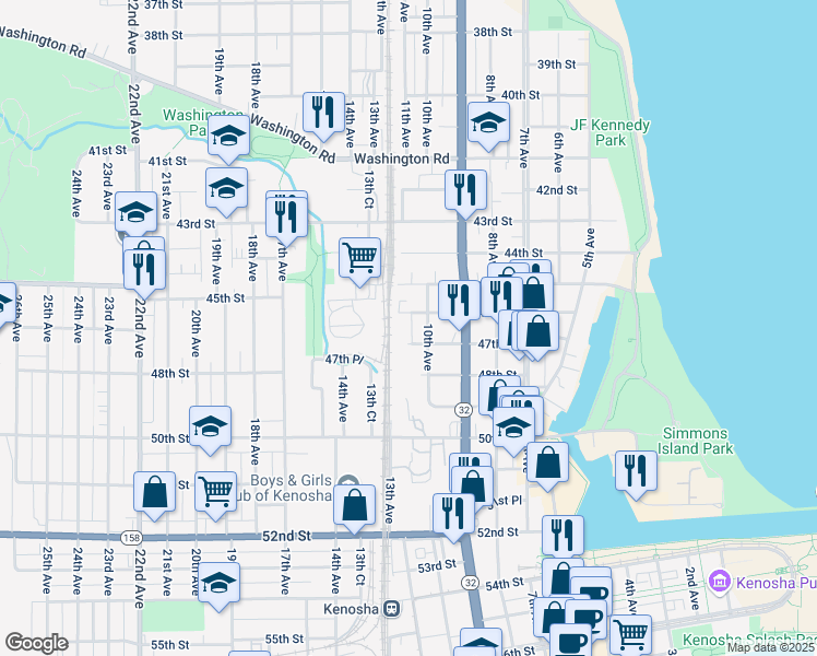 map of restaurants, bars, coffee shops, grocery stores, and more near 1021 46th Street in Kenosha
