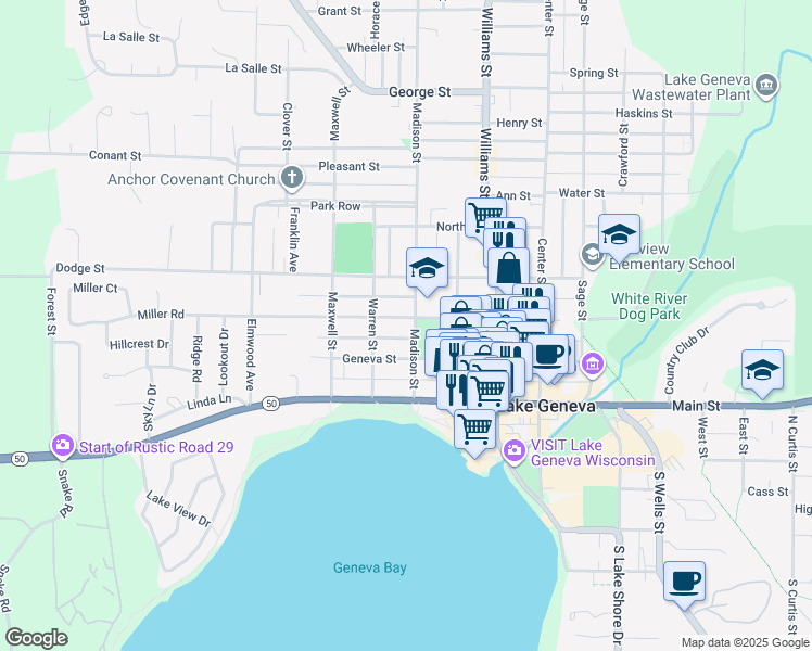 map of restaurants, bars, coffee shops, grocery stores, and more near 334 Madison Street in Lake Geneva