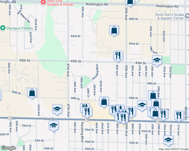 map of restaurants, bars, coffee shops, grocery stores, and more near 4710 Pershing Boulevard in Kenosha
