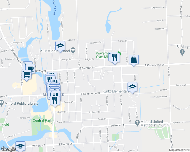 map of restaurants, bars, coffee shops, grocery stores, and more near 630 Woodside Drive in Milford Charter Township