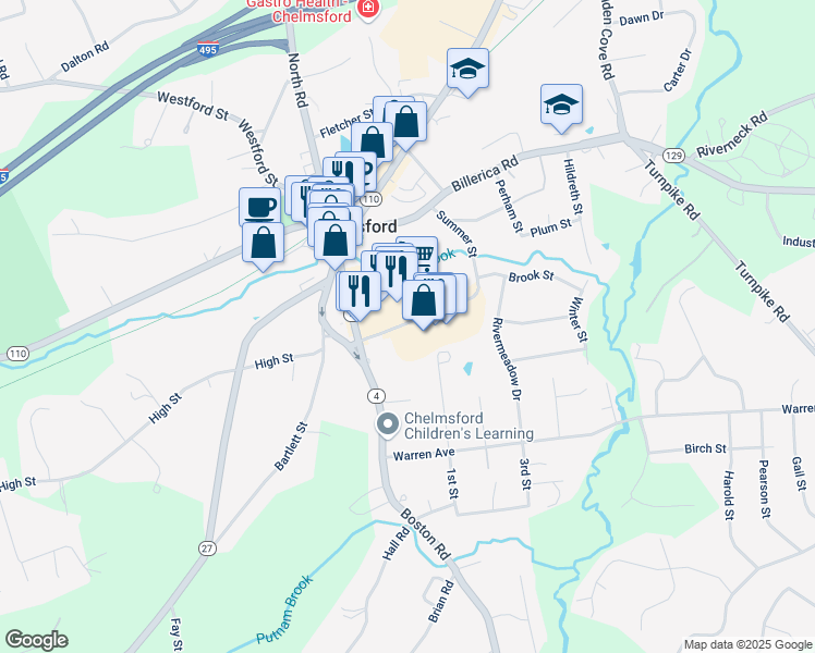 map of restaurants, bars, coffee shops, grocery stores, and more near 5 Summer Street in Chelmsford