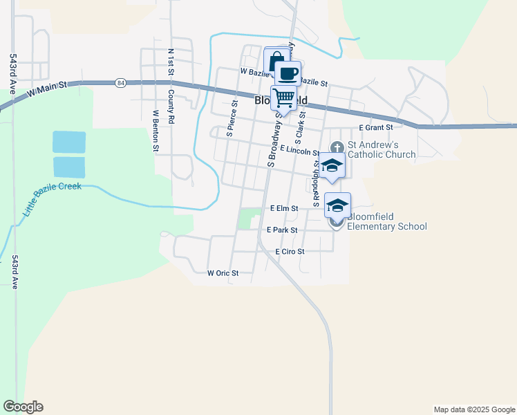 map of restaurants, bars, coffee shops, grocery stores, and more near 603 South Broadway Street in Bloomfield