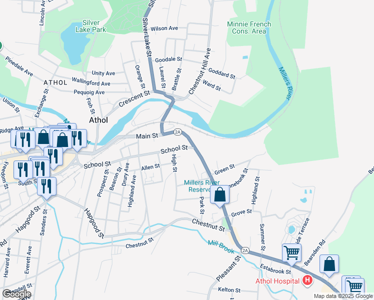 map of restaurants, bars, coffee shops, grocery stores, and more near 563 School Street in Athol