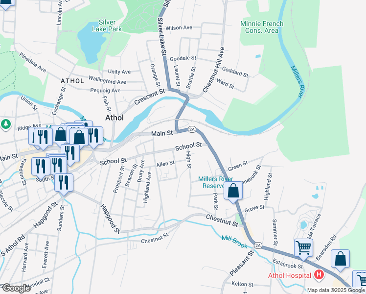 map of restaurants, bars, coffee shops, grocery stores, and more near 479 School Street in Athol