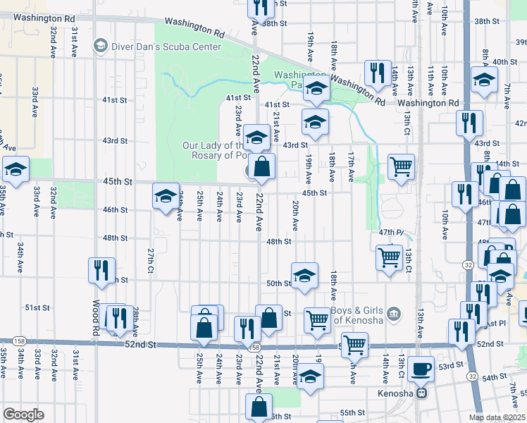 map of restaurants, bars, coffee shops, grocery stores, and more near 4539 22nd Avenue in Kenosha