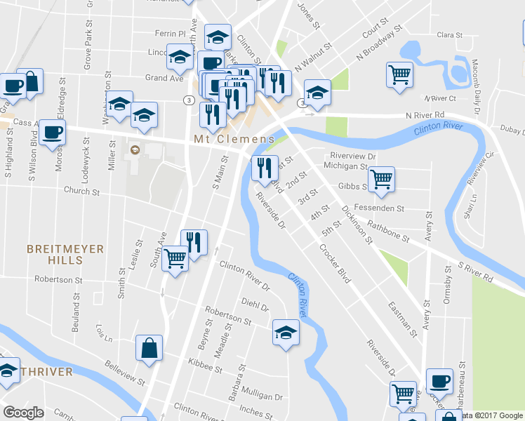 map of restaurants, bars, coffee shops, grocery stores, and more near 28 Riverside Drive in Mount Clemens