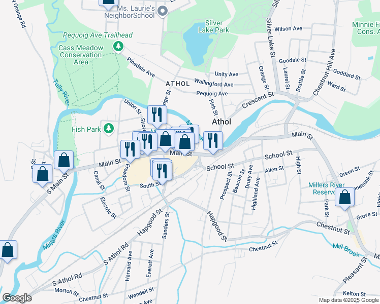 map of restaurants, bars, coffee shops, grocery stores, and more near 522 Main St in Athol