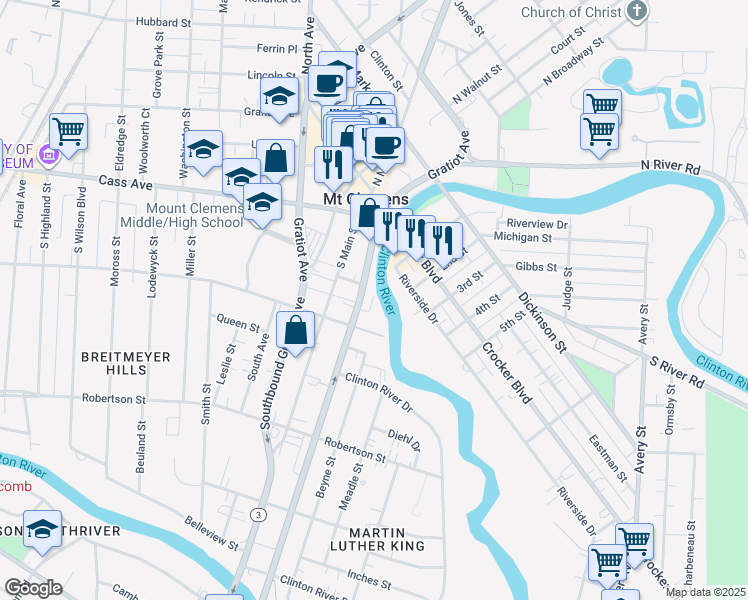 map of restaurants, bars, coffee shops, grocery stores, and more near 10 River Bluff Drive in Mount Clemens