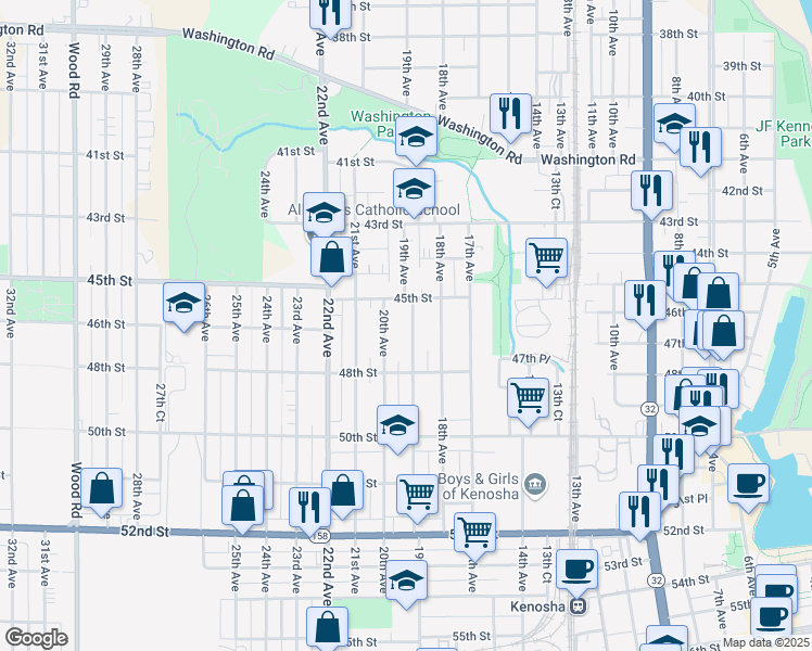 map of restaurants, bars, coffee shops, grocery stores, and more near 4526 19th Avenue in Kenosha