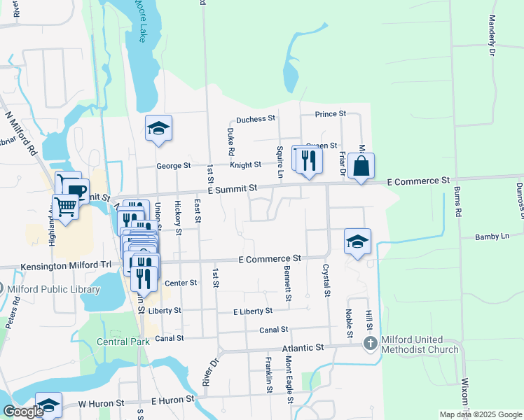 map of restaurants, bars, coffee shops, grocery stores, and more near 630 Woodside Drive in Milford Charter Township