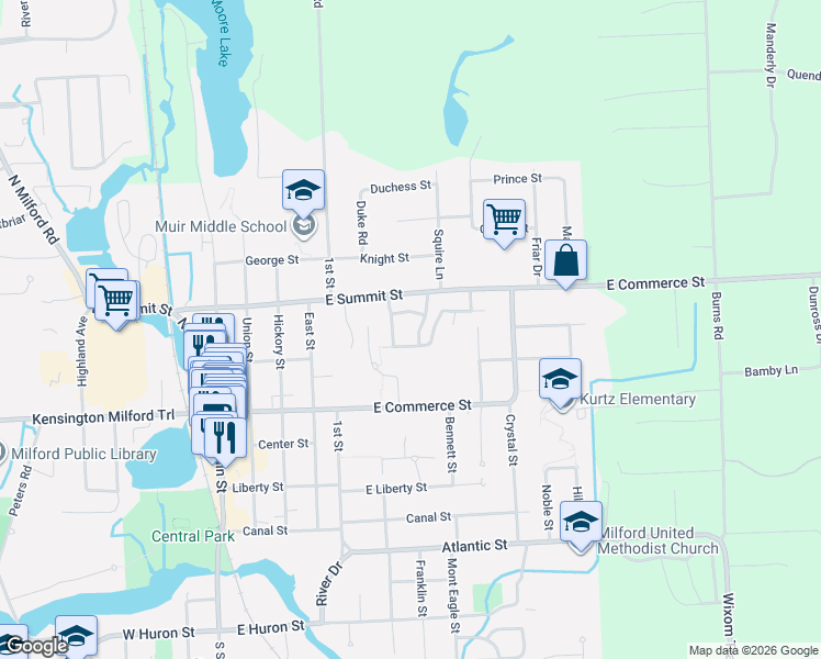 map of restaurants, bars, coffee shops, grocery stores, and more near 630 Woodside Drive in Milford Charter Township