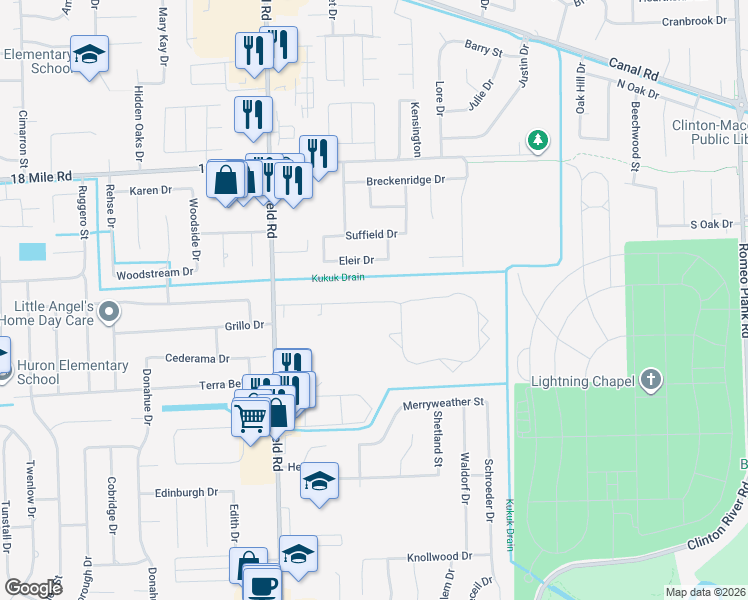 map of restaurants, bars, coffee shops, grocery stores, and more near 17016 Kingsbrooke Drive in Clinton Township