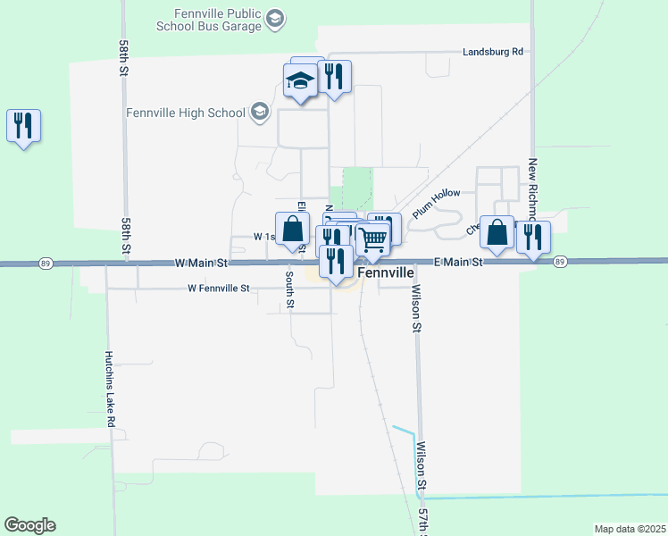 map of restaurants, bars, coffee shops, grocery stores, and more near 118 East Main Street in Fennville