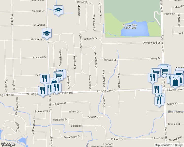 map of restaurants, bars, coffee shops, grocery stores, and more near 5140 Falmouth Drive in Troy