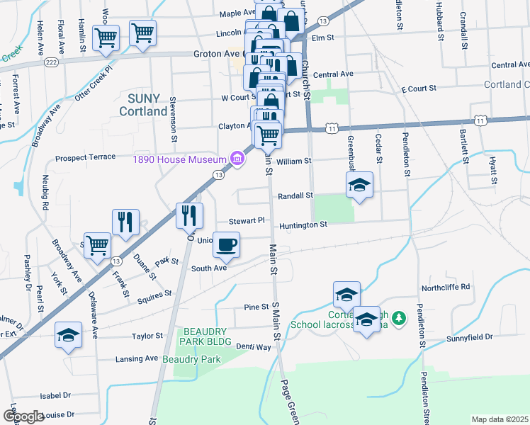 map of restaurants, bars, coffee shops, grocery stores, and more near 168 Main St in Cortland