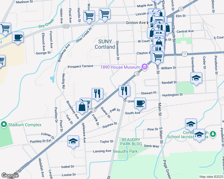 map of restaurants, bars, coffee shops, grocery stores, and more near 100 Tompkins Street in Cortland