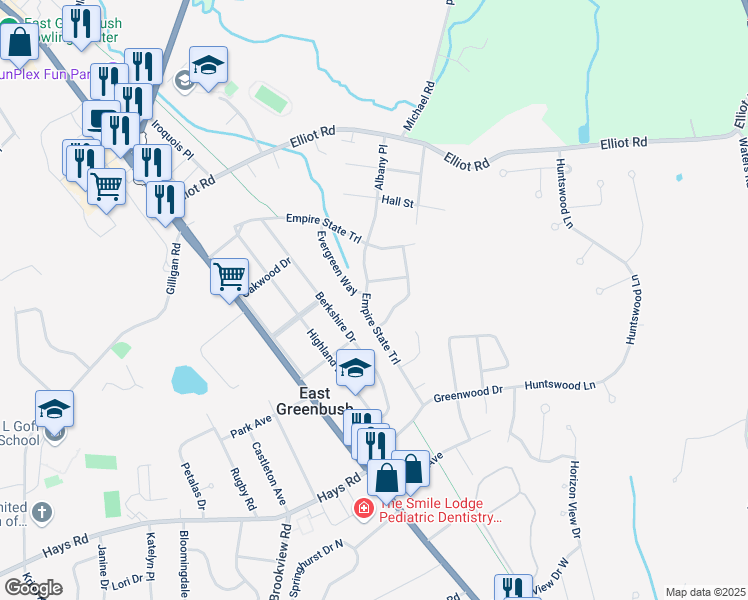 map of restaurants, bars, coffee shops, grocery stores, and more near 7 Tamarack Lane in East Greenbush