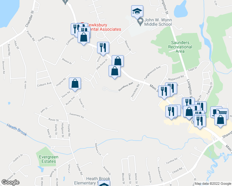 map of restaurants, bars, coffee shops, grocery stores, and more near 11 Stonebury Way in Tewksbury