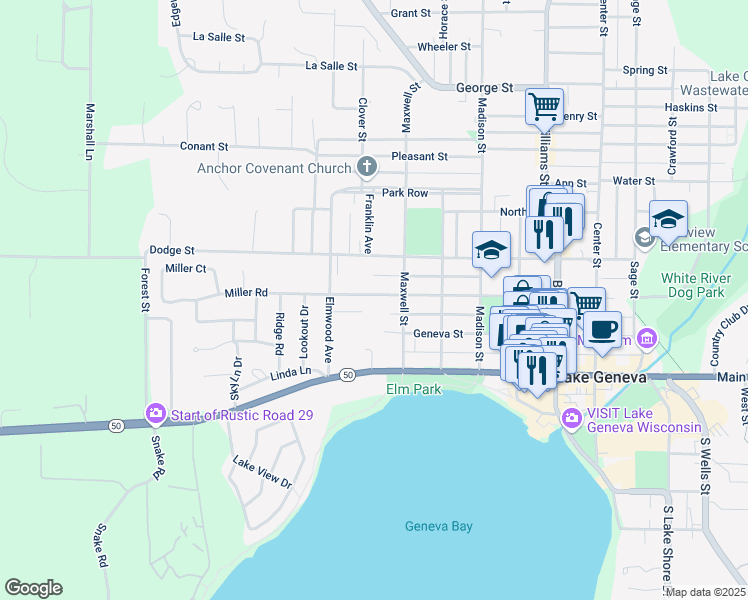 map of restaurants, bars, coffee shops, grocery stores, and more near 1230 Wisconsin Street in Lake Geneva