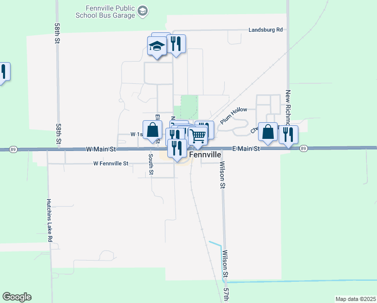map of restaurants, bars, coffee shops, grocery stores, and more near 220 East Main Street in Fennville