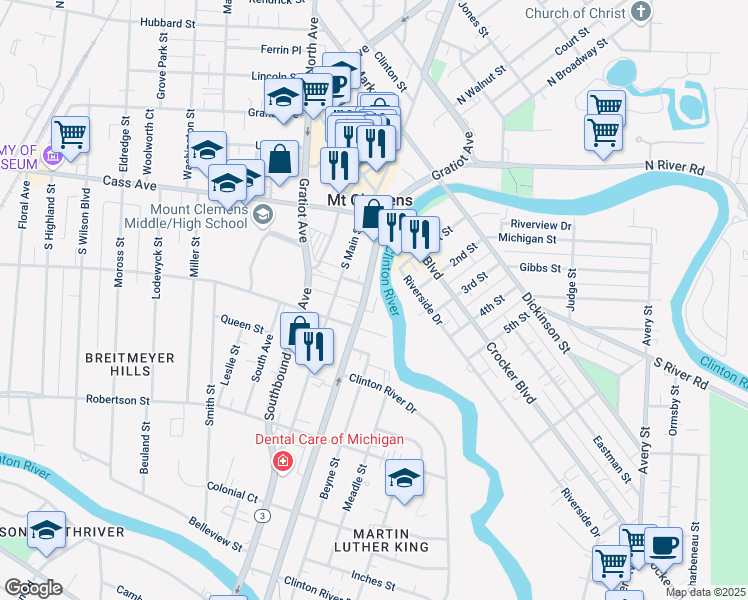 map of restaurants, bars, coffee shops, grocery stores, and more near 106 Northbound Gratiot Avenue in Mount Clemens
