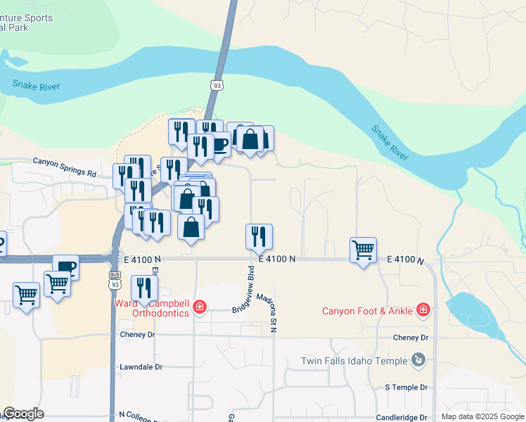 map of restaurants, bars, coffee shops, grocery stores, and more near 1828 Bridgeview Boulevard in Twin Falls