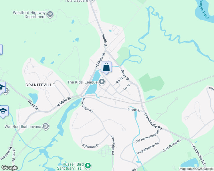 map of restaurants, bars, coffee shops, grocery stores, and more near 2 Cross Street in Westford
