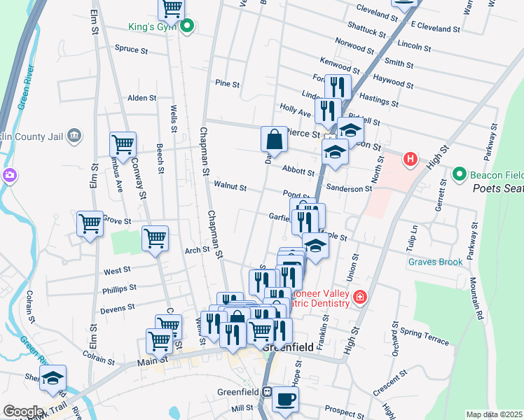 map of restaurants, bars, coffee shops, grocery stores, and more near 176-178 Davis Street in Greenfield