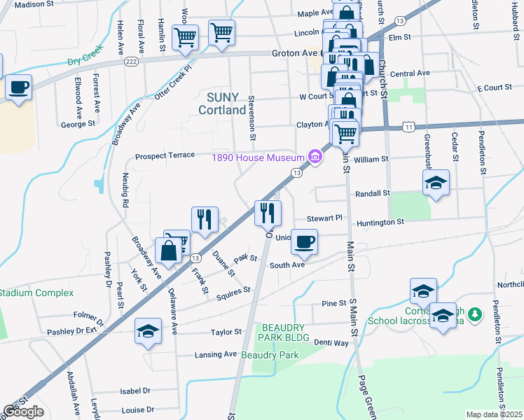 map of restaurants, bars, coffee shops, grocery stores, and more near 16 Owego Street in Cortland