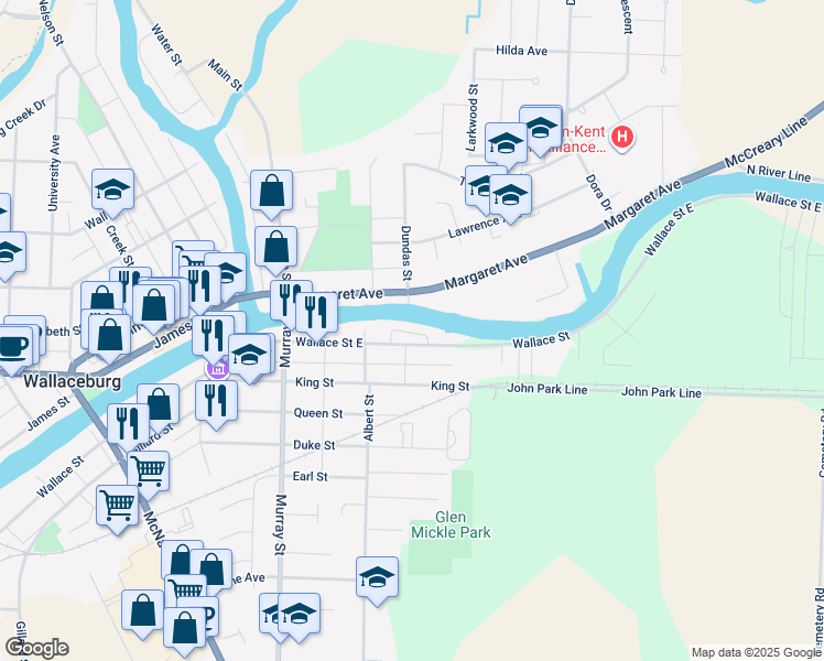 map of restaurants, bars, coffee shops, grocery stores, and more near 32 Wallace Street East in Wallaceburg