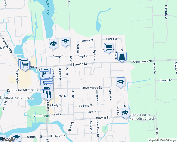 map of restaurants, bars, coffee shops, grocery stores, and more near 630 Woodside Drive in Milford Charter Township