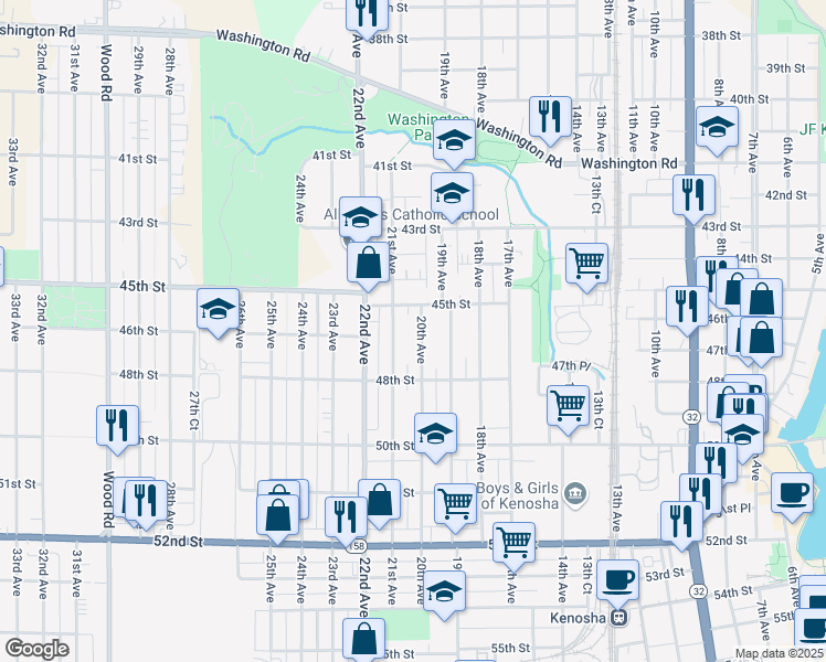 map of restaurants, bars, coffee shops, grocery stores, and more near 4525 21st Avenue in Kenosha