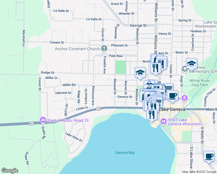map of restaurants, bars, coffee shops, grocery stores, and more near 1230 Wisconsin Street in Lake Geneva