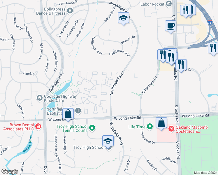 map of restaurants, bars, coffee shops, grocery stores, and more near 1573 Brentwood Drive in Troy