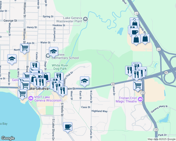 map of restaurants, bars, coffee shops, grocery stores, and more near 118 Evelyn Lane in Lake Geneva