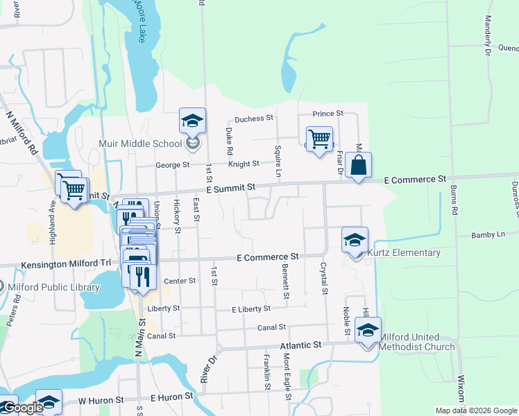 map of restaurants, bars, coffee shops, grocery stores, and more near 630 Woodside Drive in Milford Charter Township