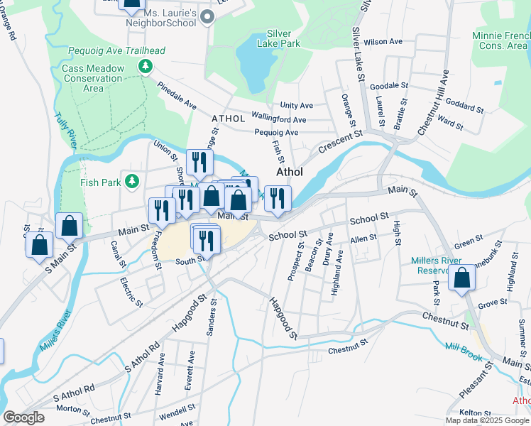 map of restaurants, bars, coffee shops, grocery stores, and more near 584 Main Street in Athol
