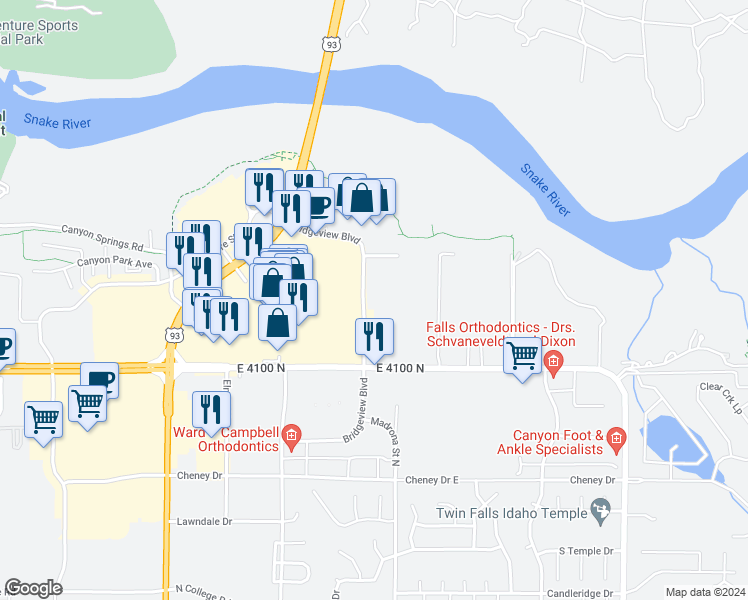 map of restaurants, bars, coffee shops, grocery stores, and more near 1828 Bridgeview Boulevard in Twin Falls