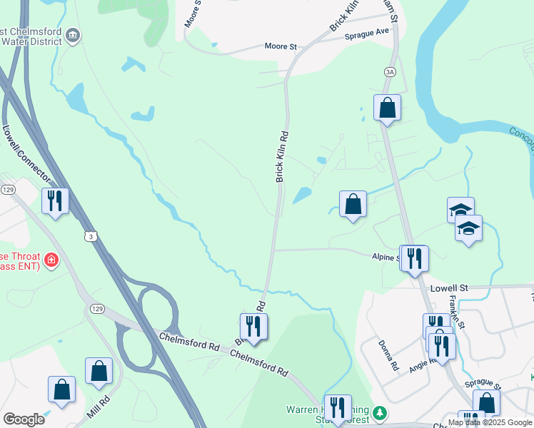 map of restaurants, bars, coffee shops, grocery stores, and more near 87 Brick Kiln Road in Chelmsford