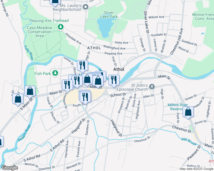 map of restaurants, bars, coffee shops, grocery stores, and more near 568 Main Street in Athol