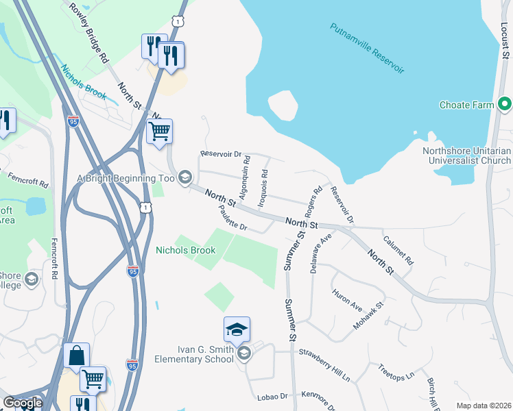map of restaurants, bars, coffee shops, grocery stores, and more near 118 North Street in Danvers